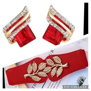 Red Belt and Geometric  Design Earrings NWOT